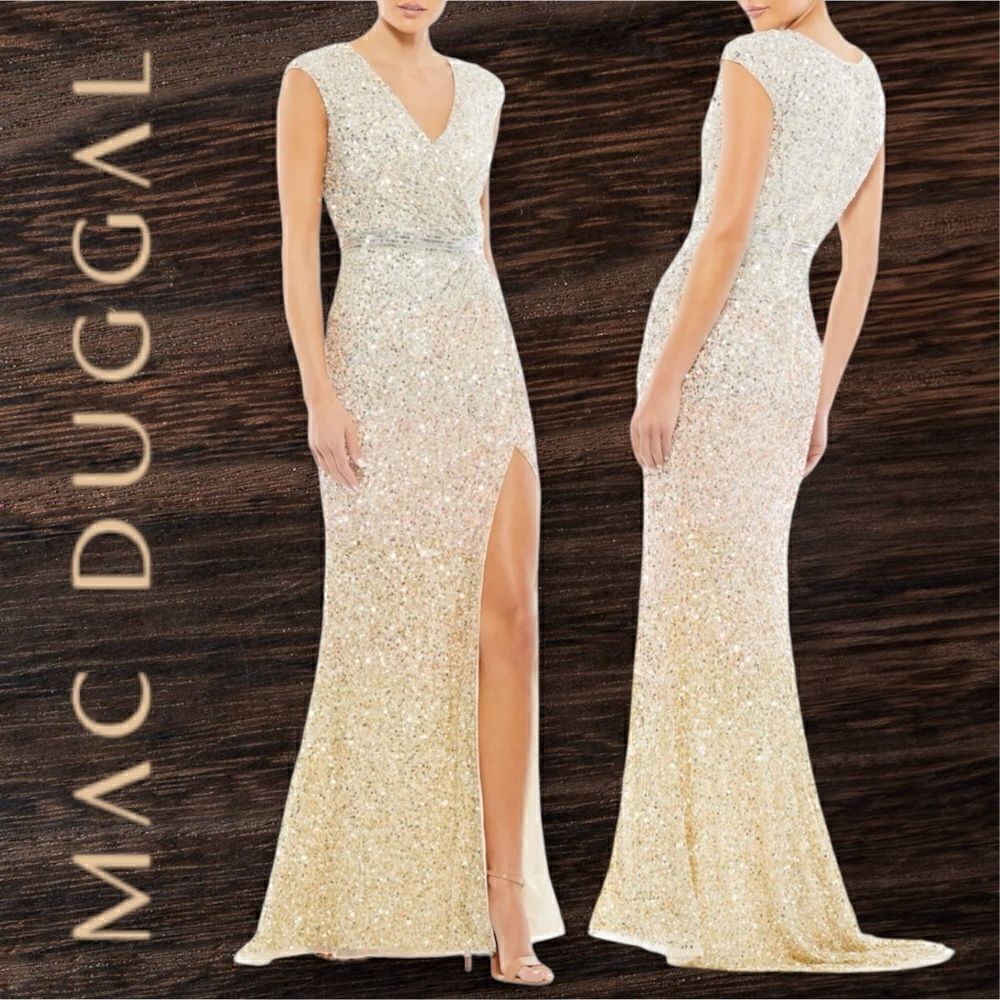 MAC DUGGAL Women’s Cap Sleeve Sequined High Slit Gown in the Size 14 Nude Ombré